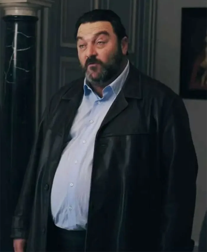 Monsieur Spade 2024 Denis Menochet Black Leather Coat left.webp