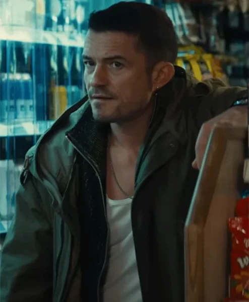 Orlando Bloom Deep Cover Green Cotton Coat clsoeup.webp