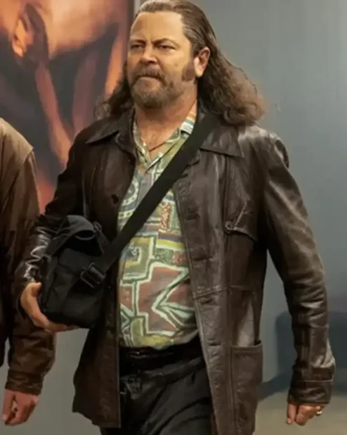 Pam and Tommy Nick Offerman Brown Leather Coat.webp