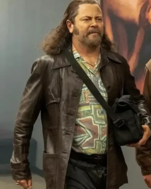 Pam and Tommy Nick Offerman Brown Leather Coat Front.webp