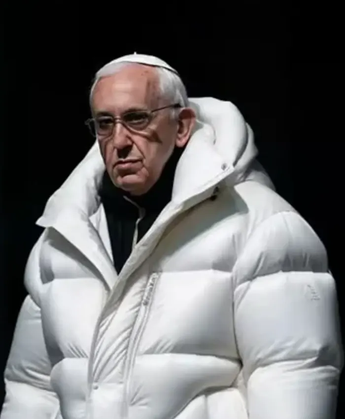 Pope Francis White Puffer Hooded Coat Closeup.webp