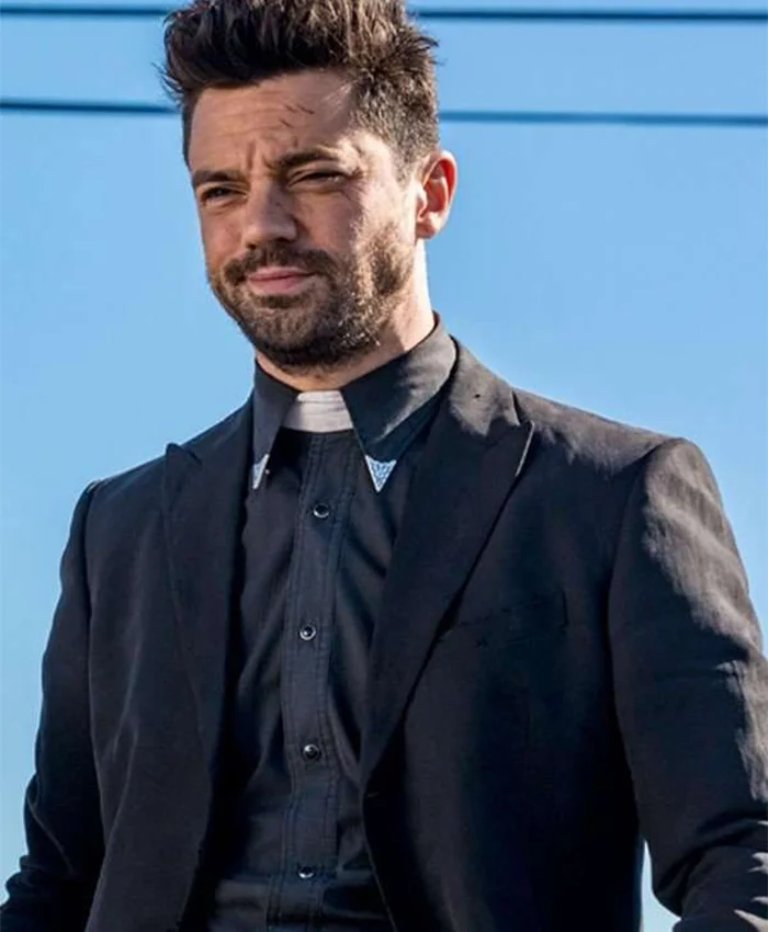 Preacher Dominic Cooper Black Blazer Coat front closeup.webp
