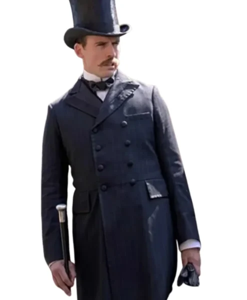 Sam Claflin Enola Holmes Black Long Trench Coat front.webp