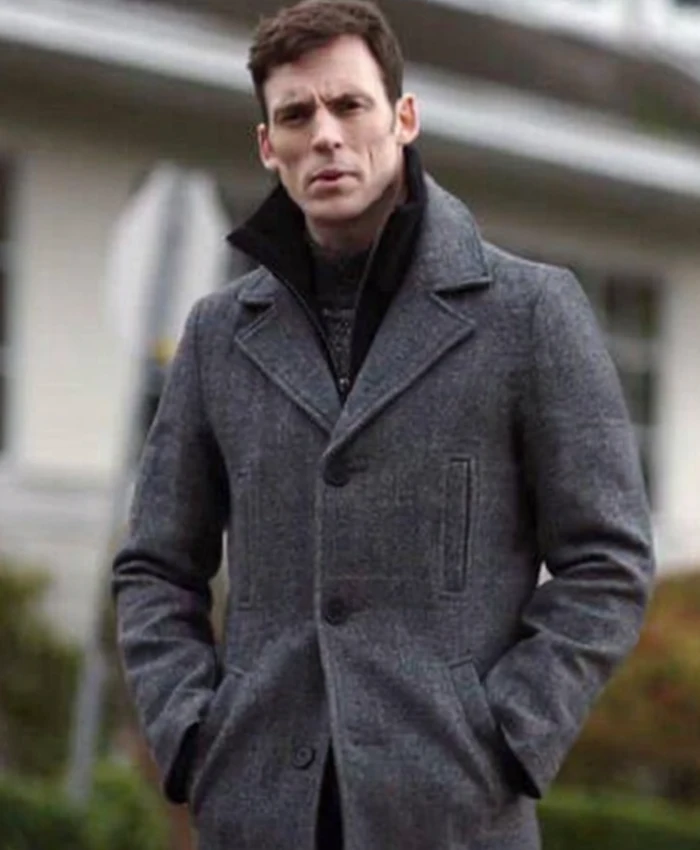Sam Claflin Every Breath You Take Grey Coat front.webp
