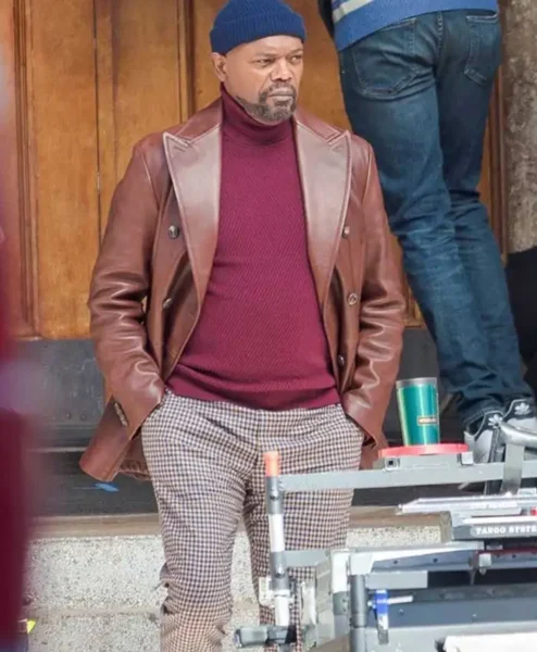 Samuel Jackson John Shaft 2019 Brown Leather Blazer Coat closeup.webp