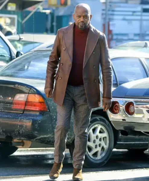 Samuel Jackson John Shaft 2019 Brown Leather Blazer Coat front.webp