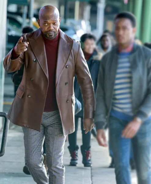 Samuel Jackson John Shaft 2019 Brown Leather Blazer Coat frontt.webp