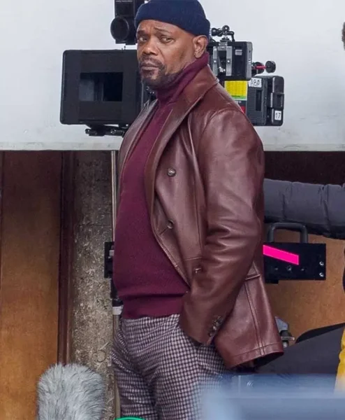 Samuel Jackson John Shaft 2019 Brown Leather Blazer Coat left.webp