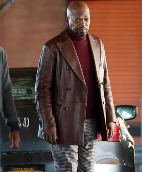 Samuel Jackson John Shaft 2019 Brown Leather Blazer Coat right.webp