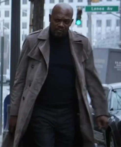 Samuel Jackson John Shaft Grey Long Coat closeup.webp