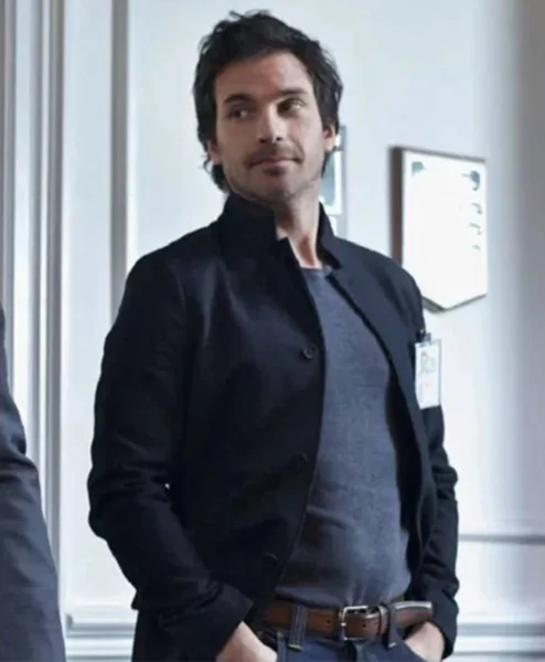 Santiago Cabrera Salvation Long Black Coat closeup.webp