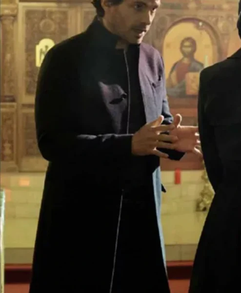 Santiago Cabrera Salvation Long Black Coat right closeup.webp