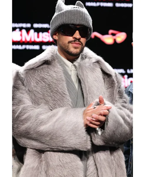 Super Bowl LX Halftime Show Bad Bunny Shearling Coat Closeup.webp