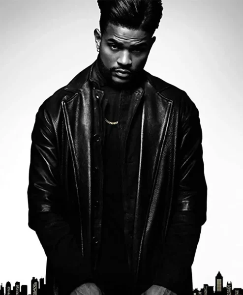 SuperFly Trevor Jackson Black Leather Long Coat closeup.webp