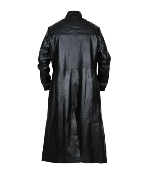 The Matrix Neo Black Cotton Trench Coat walking.webp