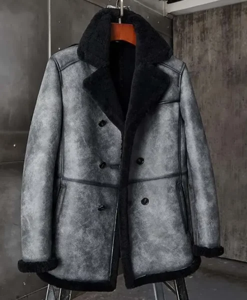 Thomas Black Grey Double Breasted Shearling Coat.webp