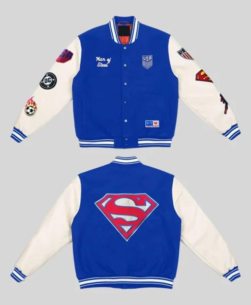 US Soccer x DC Superman Blue Varsity Jacket For Sale