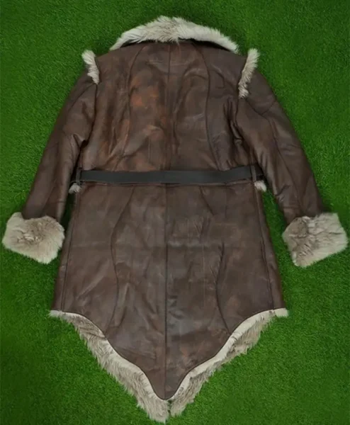 Vikings Valhalla Sam Corlett Grey Leather Fur Trench Coat back.webp