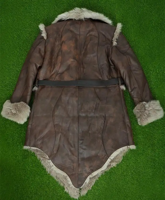 Vikings Valhalla Sam Corlett Grey Leather Fur Trench Coat back.webp