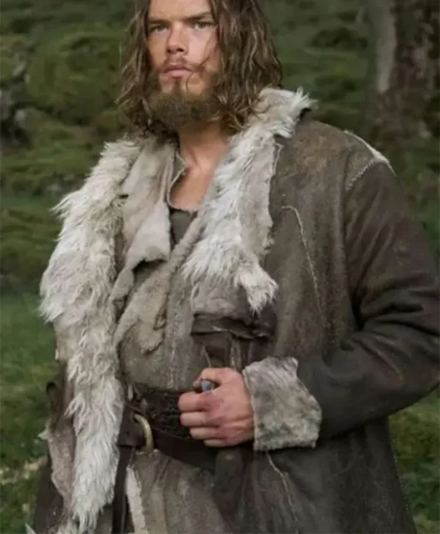 Vikings Valhalla Sam Corlett Grey Leather Fur Trench Coat front.webp