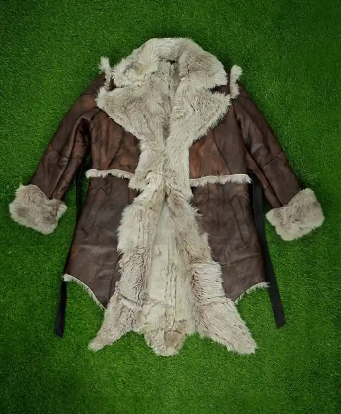Vikings Valhalla Sam Corlett Grey Leather Fur Trench Coat front shoot.webp