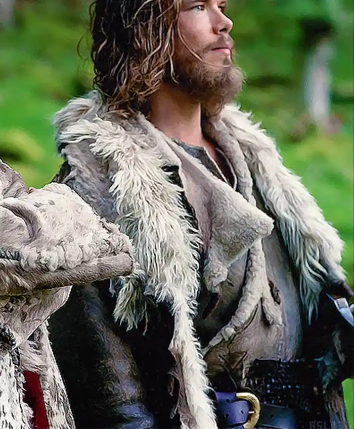 Vikings Valhalla Sam Corlett Grey Leather Fur Trench Coat left.webp