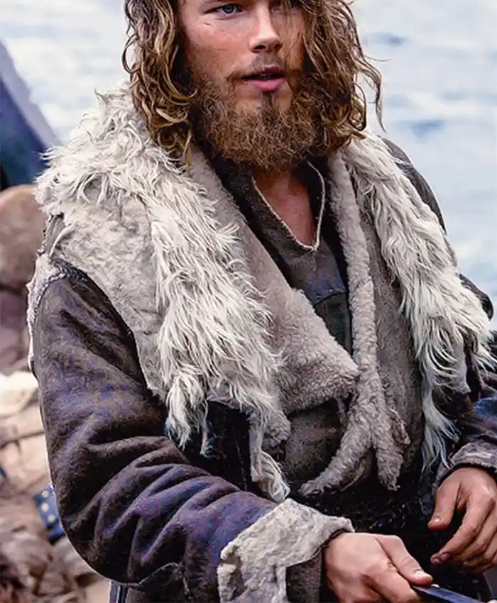 Vikings Valhalla Sam Corlett Grey Leather Fur Trench Coat right.webp