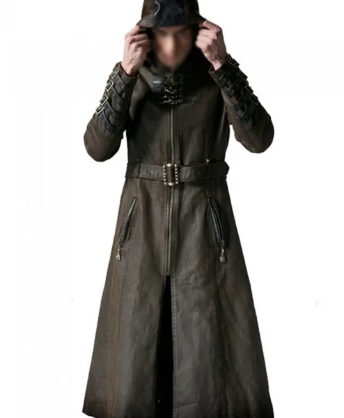 Wasteland Steampunk Brown Long Leather Trench Coat front.webp