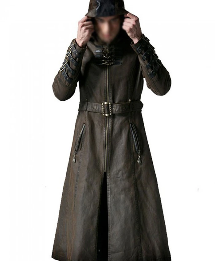 Wasteland Steampunk Brown Long Leather Trench Coat front.webp