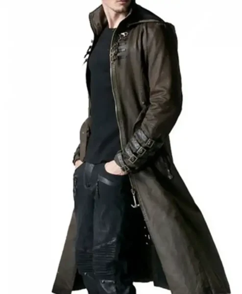 Wasteland Steampunk Brown Long Leather Trench Coat left.webp