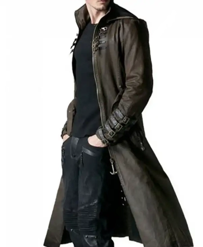 Wasteland Steampunk Brown Long Leather Trench Coat left.webp